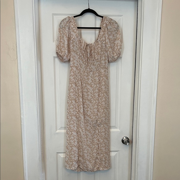 Floral Open Slit Tan Dress - Picture 1 of 5